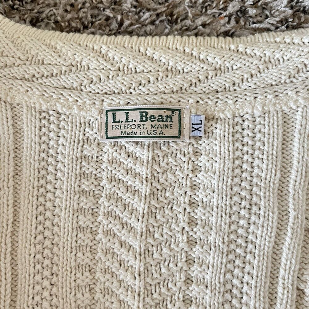 VTG LL Bean Cardigan Sweater Sz XL Ivory 100% Cotton Cable Knit Button - Picture 3 of 5